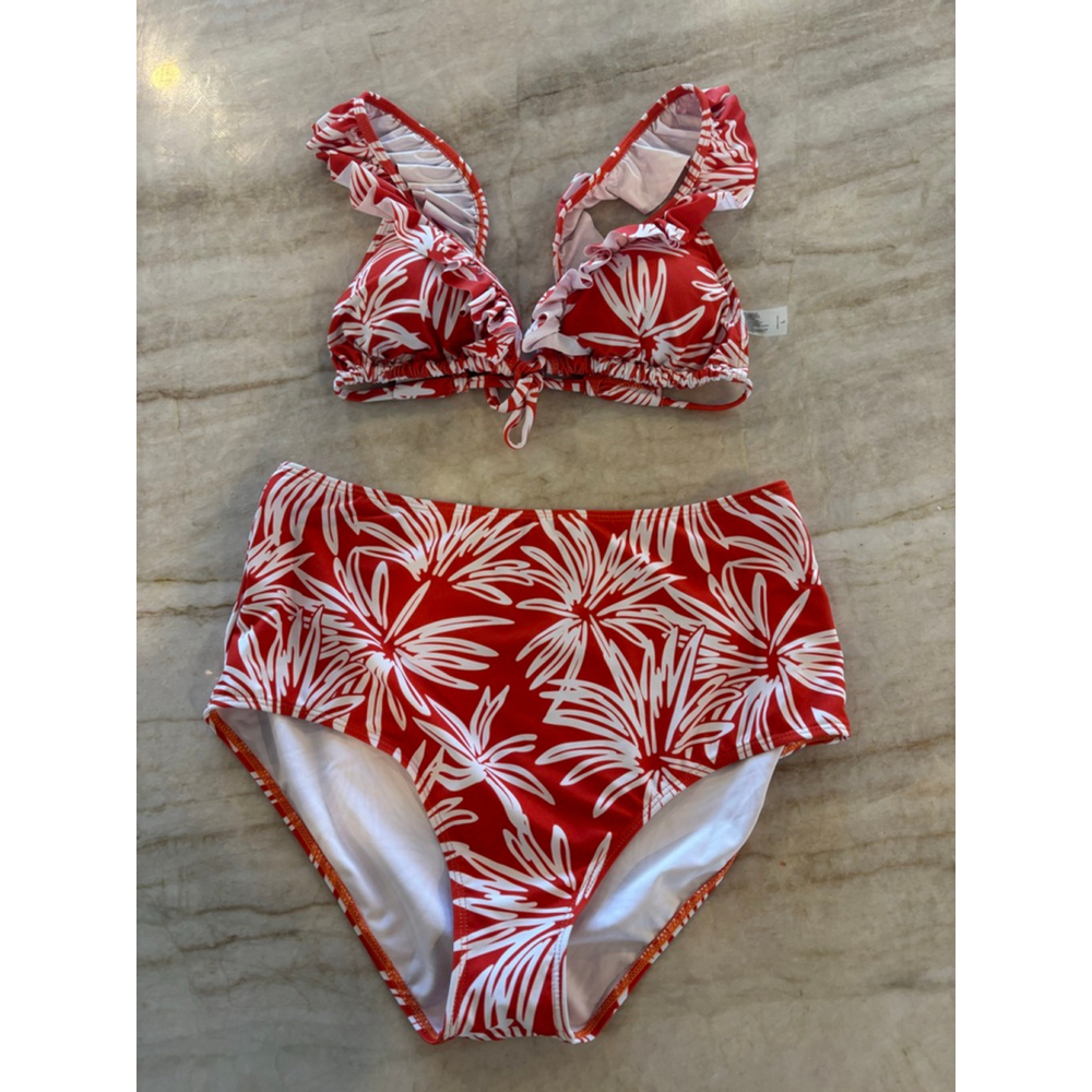 Women's Unbranded burnt orange White Floral High Waist Ruffle Bikini Swimsuit L